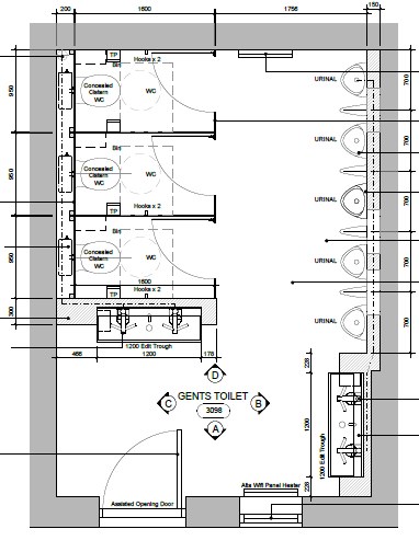 Leamington Spa Station public toilet refurbishment by Elm Site Services — gents plan drawing