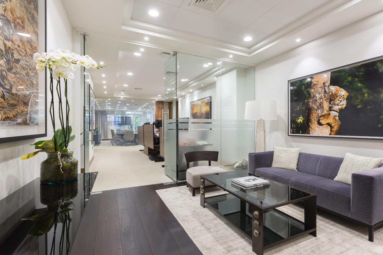Office lounge fit-out with glass partitions — Elm Site Services